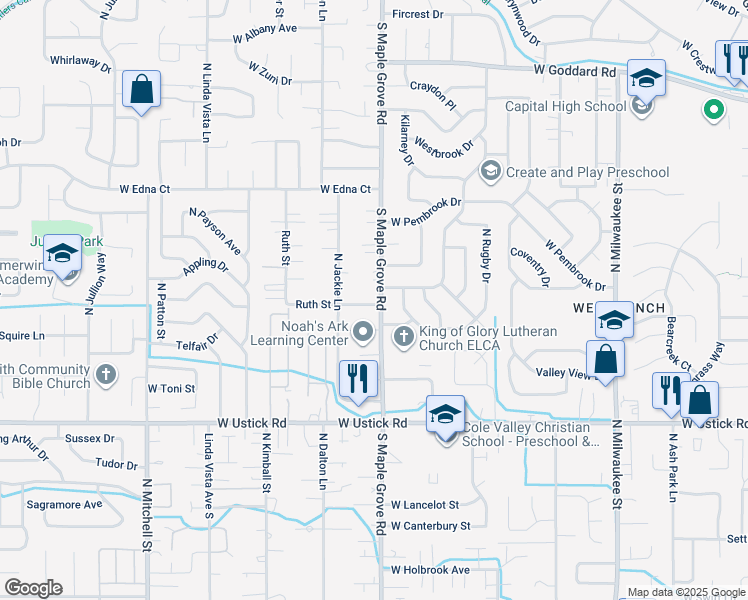 map of restaurants, bars, coffee shops, grocery stores, and more near 9004 Ruth Street in Boise