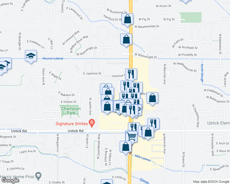 map of restaurants, bars, coffee shops, grocery stores, and more near 3648 North Centrepoint Way in Meridian