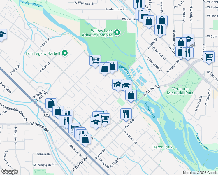 map of restaurants, bars, coffee shops, grocery stores, and more near 520 East 43rd Street in Boise