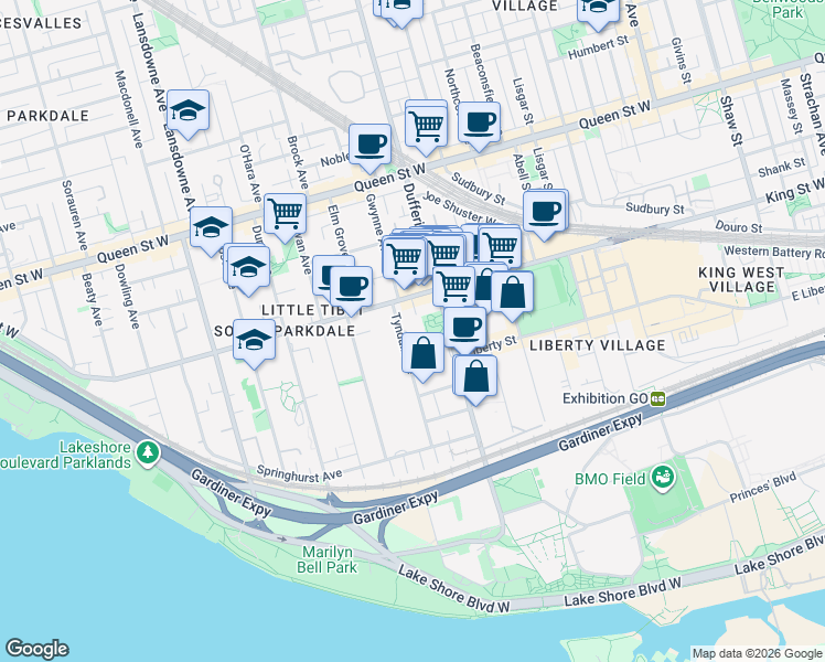 map of restaurants, bars, coffee shops, grocery stores, and more near 135 Tyndall Avenue in Toronto