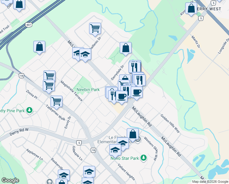 map of restaurants, bars, coffee shops, grocery stores, and more near 524 Garden Walk in Mississauga