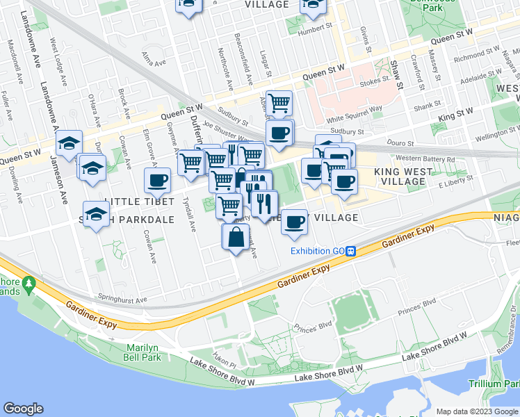 map of restaurants, bars, coffee shops, grocery stores, and more near 70 Fraser Avenue in Toronto
