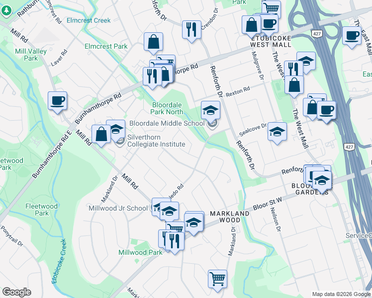 map of restaurants, bars, coffee shops, grocery stores, and more near 2 Thicket Road in Toronto