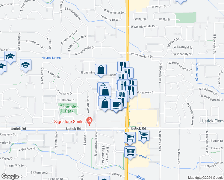 map of restaurants, bars, coffee shops, grocery stores, and more near 3648 North Centrepoint Way in Meridian