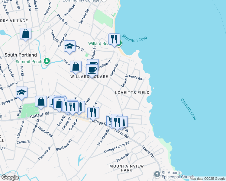 map of restaurants, bars, coffee shops, grocery stores, and more near 489 Preble Street in South Portland