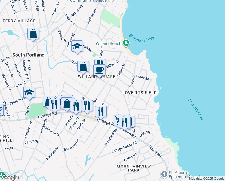 map of restaurants, bars, coffee shops, grocery stores, and more near 489 Preble Street in South Portland