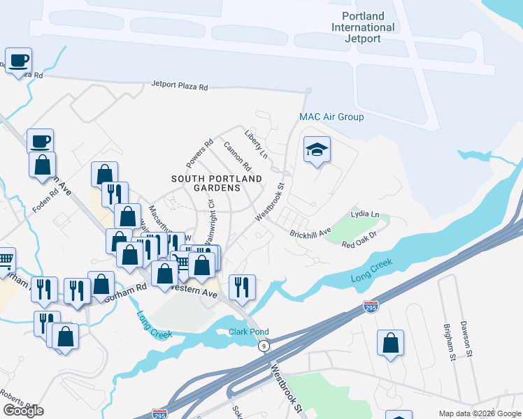 map of restaurants, bars, coffee shops, grocery stores, and more near 600 Westbrook Street in South Portland