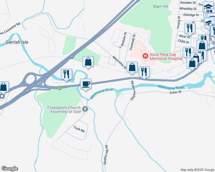 map of restaurants, bars, coffee shops, grocery stores, and more near 199 Mechanic Street in Lebanon