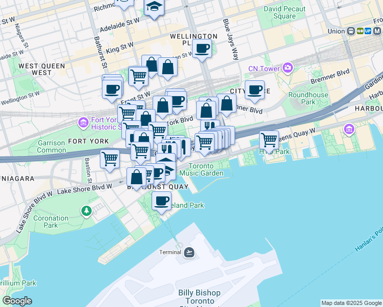 map of restaurants, bars, coffee shops, grocery stores, and more near in Toronto