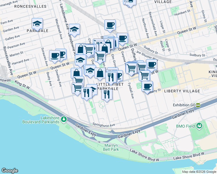 map of restaurants, bars, coffee shops, grocery stores, and more near in Toronto