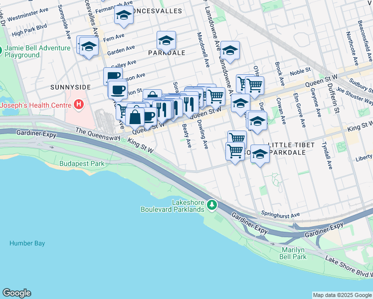 map of restaurants, bars, coffee shops, grocery stores, and more near 45 Wilson Park Road in Toronto