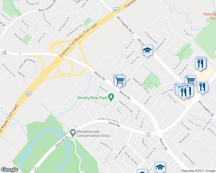 map of restaurants, bars, coffee shops, grocery stores, and more near 7254 Dime Crescent in Mississauga