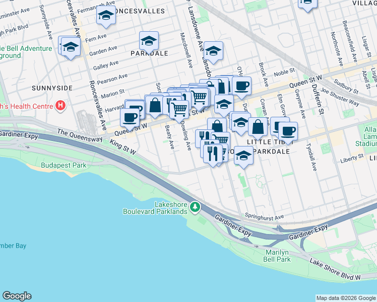 map of restaurants, bars, coffee shops, grocery stores, and more near 156 A Dowling Avenue in Toronto