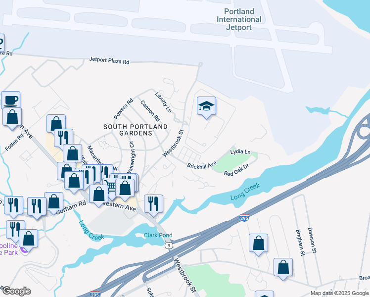 map of restaurants, bars, coffee shops, grocery stores, and more near 43 Townhouse Drive in South Portland