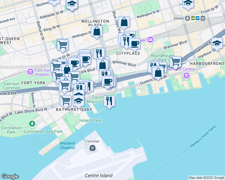 map of restaurants, bars, coffee shops, grocery stores, and more near 10 Lower Spadina Avenue in Toronto