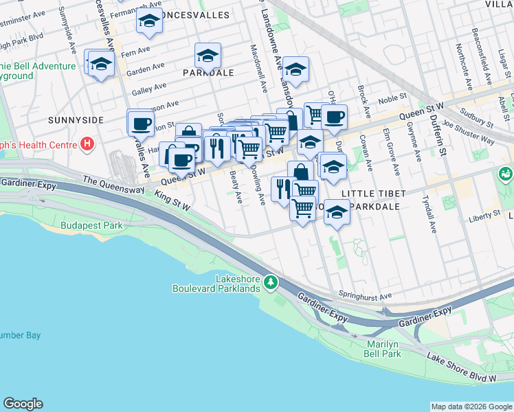 map of restaurants, bars, coffee shops, grocery stores, and more near 150 Dowling Avenue in Toronto