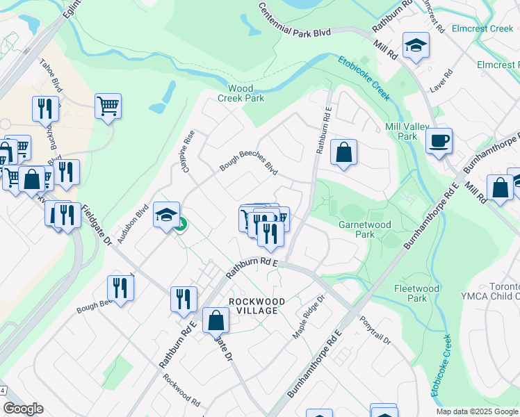 map of restaurants, bars, coffee shops, grocery stores, and more near 1951 Rathburn Road East in Mississauga