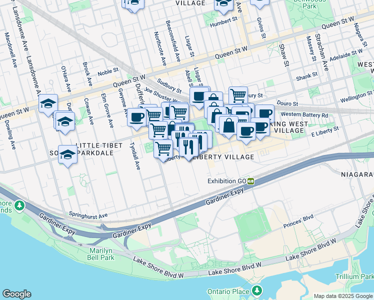 map of restaurants, bars, coffee shops, grocery stores, and more near 72 Fraser Avenue in Toronto