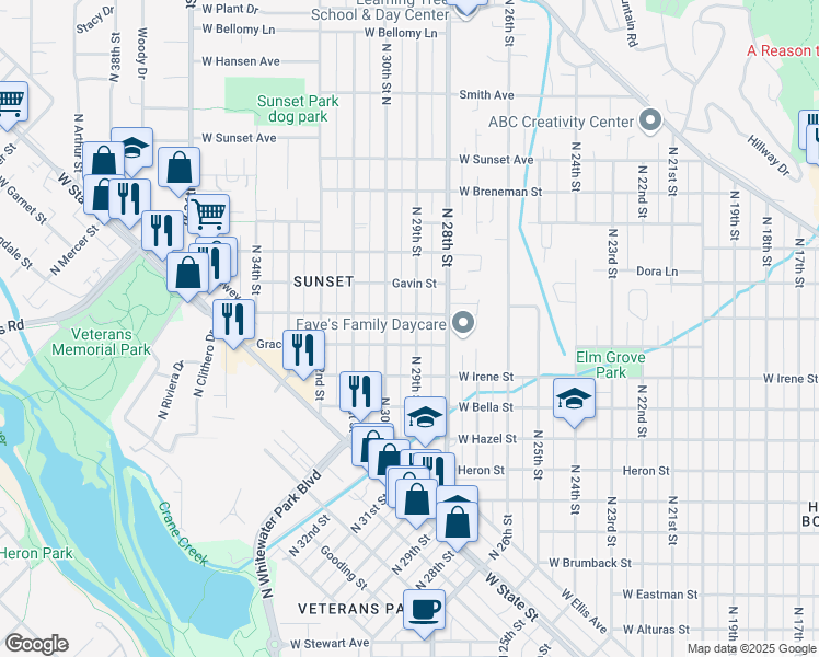 map of restaurants, bars, coffee shops, grocery stores, and more near 1911 North 29th Street in Boise