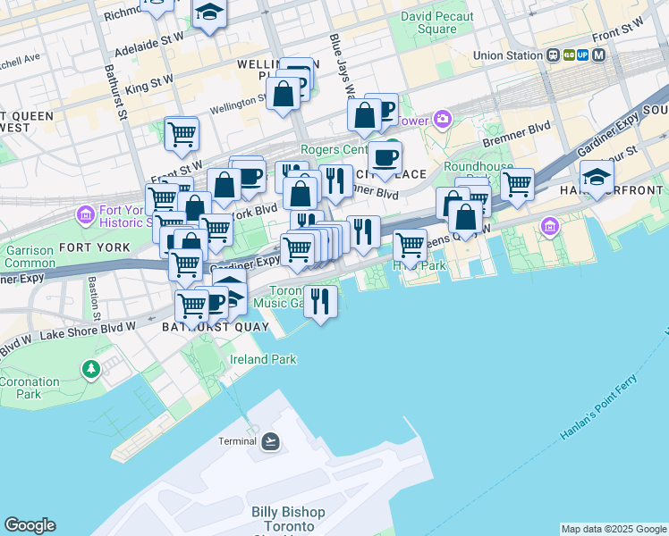 map of restaurants, bars, coffee shops, grocery stores, and more near 10 Lower Spadina Avenue in Toronto