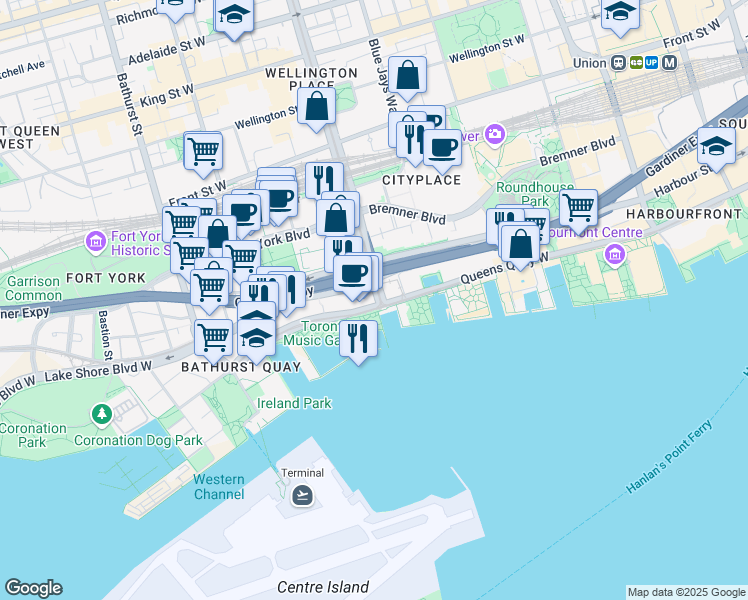 map of restaurants, bars, coffee shops, grocery stores, and more near 10 Lower Spadina Avenue in Toronto