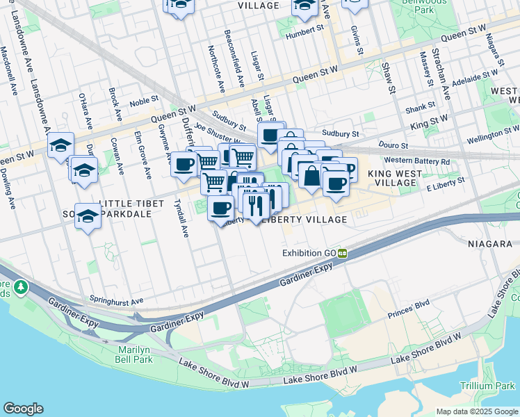 map of restaurants, bars, coffee shops, grocery stores, and more near 69 Fraser Avenue in Toronto