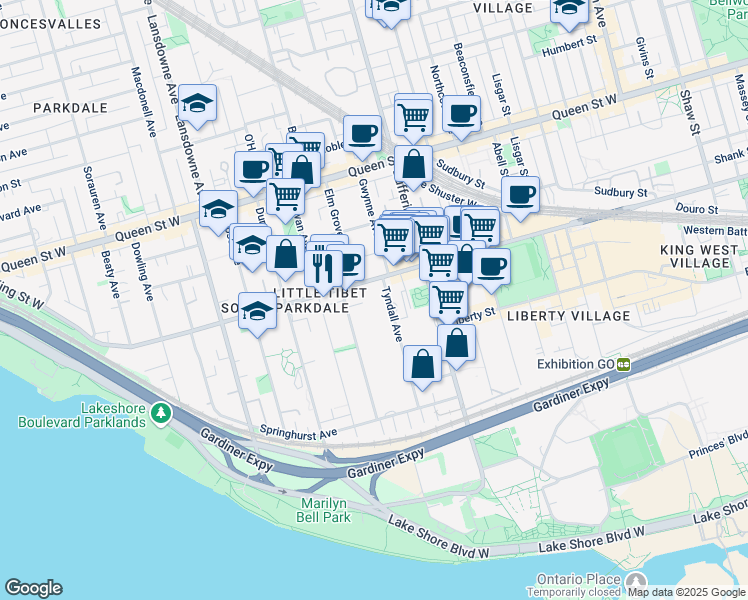 map of restaurants, bars, coffee shops, grocery stores, and more near 130 Tyndall Avenue in Toronto
