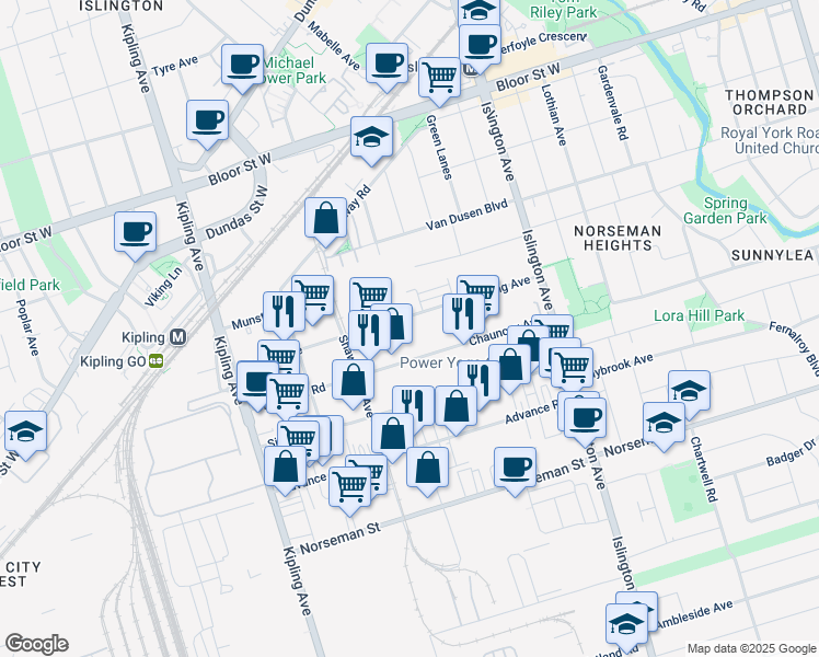 map of restaurants, bars, coffee shops, grocery stores, and more near 287 Bering Avenue in Toronto