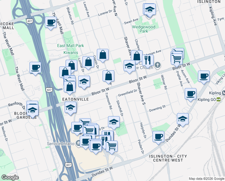 map of restaurants, bars, coffee shops, grocery stores, and more near 3989 Bloor Street West in Toronto