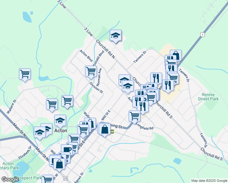 map of restaurants, bars, coffee shops, grocery stores, and more near 33 Rosemary Road in Acton