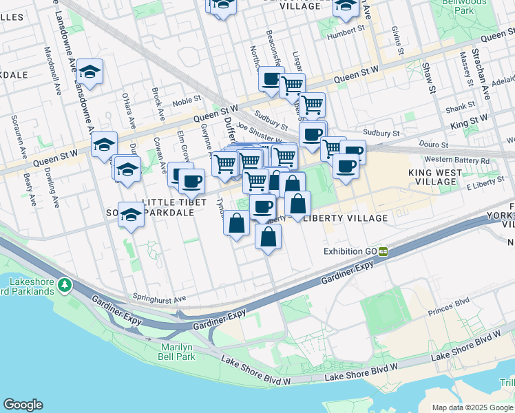 map of restaurants, bars, coffee shops, grocery stores, and more near 96 Mowat Avenue in Toronto