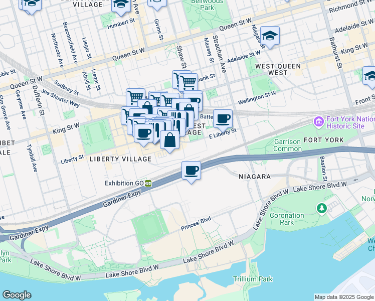 map of restaurants, bars, coffee shops, grocery stores, and more near in Toronto