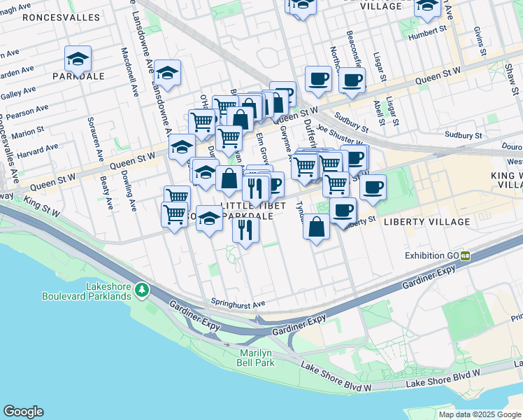 map of restaurants, bars, coffee shops, grocery stores, and more near 1307 King Street West in Toronto
