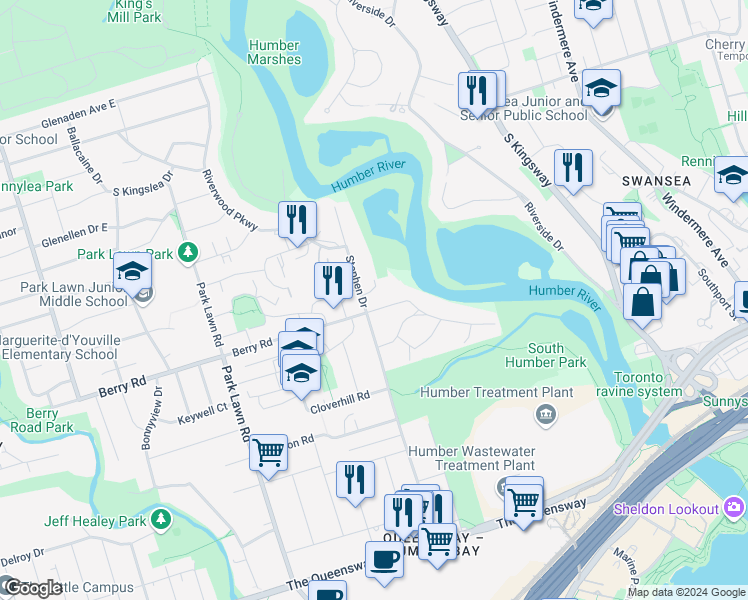 map of restaurants, bars, coffee shops, grocery stores, and more near in Toronto