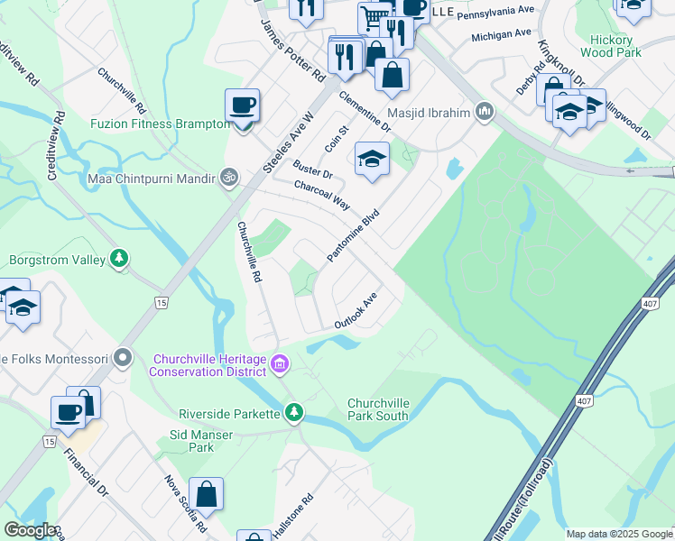 map of restaurants, bars, coffee shops, grocery stores, and more near 7 Ness Road in Brampton