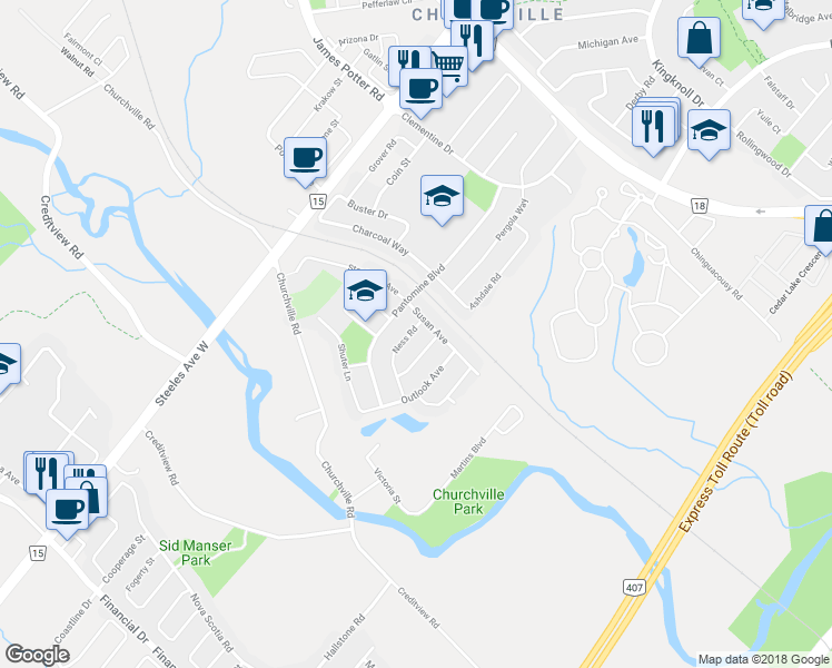 map of restaurants, bars, coffee shops, grocery stores, and more near 7 Ness Road in Brampton