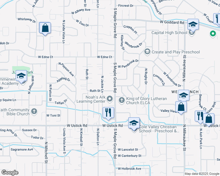 map of restaurants, bars, coffee shops, grocery stores, and more near 9050 Ruth Street in Boise