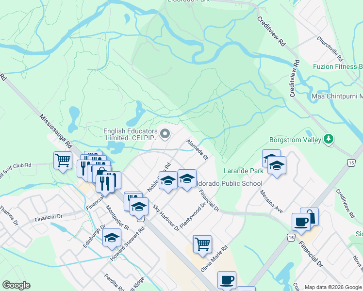 map of restaurants, bars, coffee shops, grocery stores, and more near Tilsonburg Avenue in Brampton