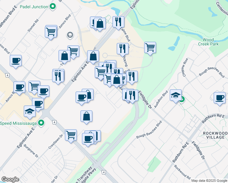 map of restaurants, bars, coffee shops, grocery stores, and more near 4540 Eastgate Parkway in Mississauga