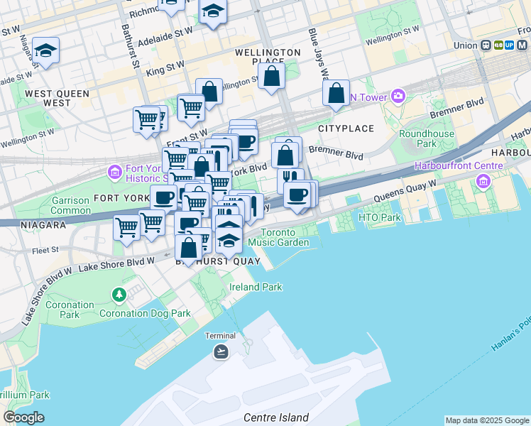 map of restaurants, bars, coffee shops, grocery stores, and more near 453 Lake Shore Boulevard West in Toronto
