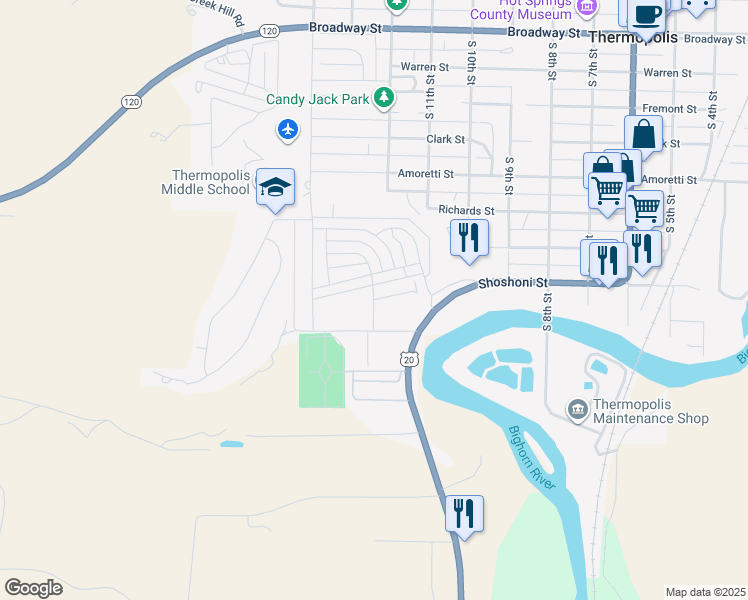 map of restaurants, bars, coffee shops, grocery stores, and more near Judy Lee Dr in Thermopolis