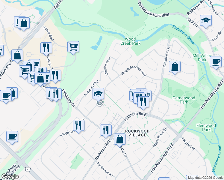 map of restaurants, bars, coffee shops, grocery stores, and more near 4303 Claypine Rise in Mississauga