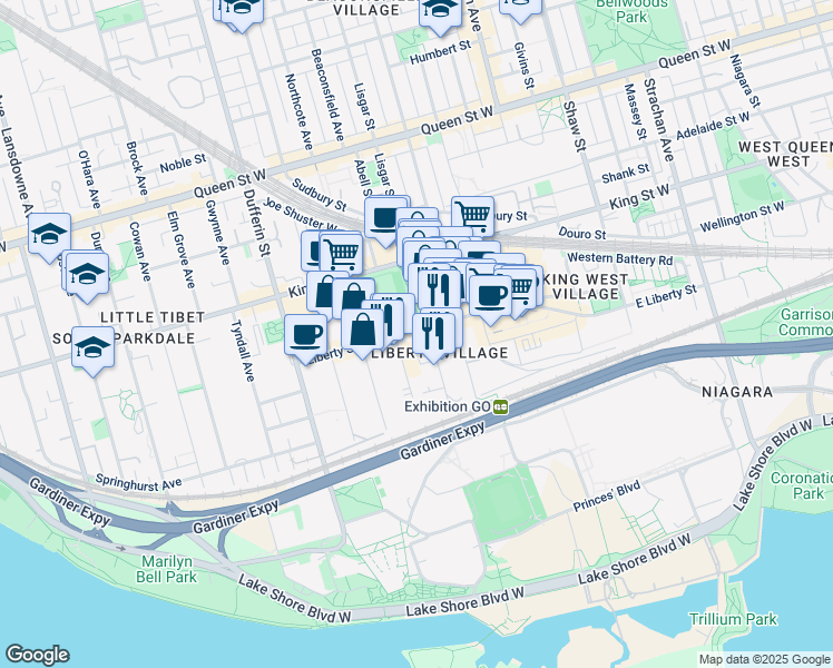 map of restaurants, bars, coffee shops, grocery stores, and more near 65 Liberty Street in Toronto