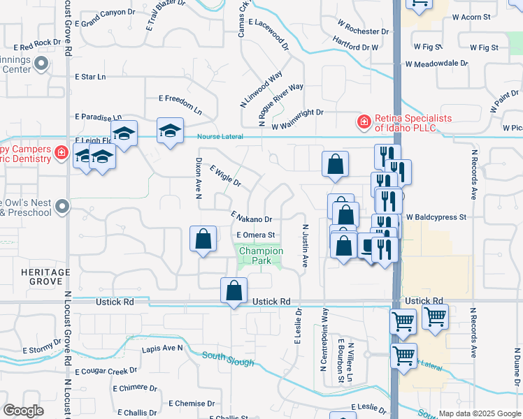 map of restaurants, bars, coffee shops, grocery stores, and more near 3645 N Petty Way in Meridian