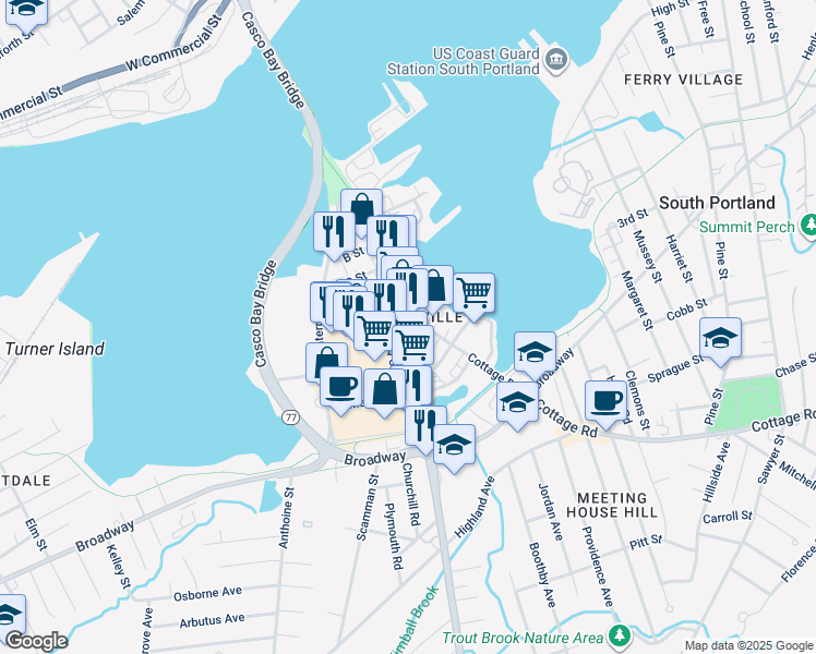 map of restaurants, bars, coffee shops, grocery stores, and more near 125 Ocean Street in South Portland