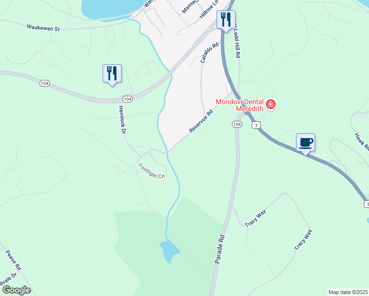 map of restaurants, bars, coffee shops, grocery stores, and more near 32 Reservoir Road in Meredith