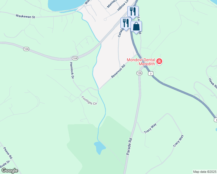 map of restaurants, bars, coffee shops, grocery stores, and more near 32 Reservoir Road in Meredith