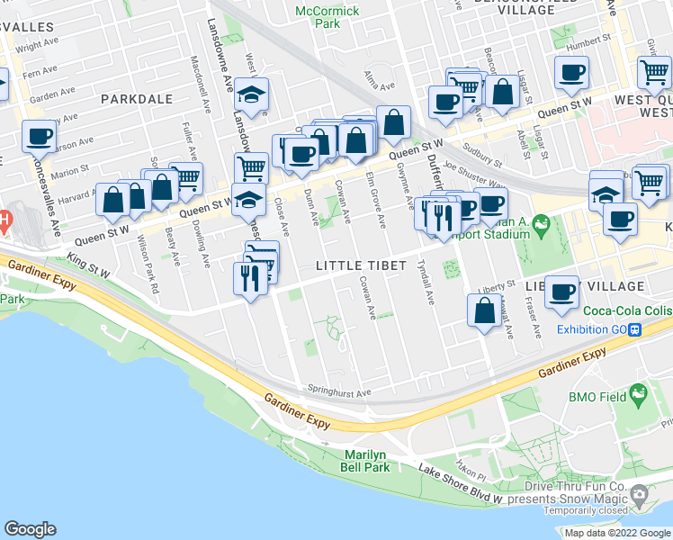 map of restaurants, bars, coffee shops, grocery stores, and more near 1340 King Street West in Toronto