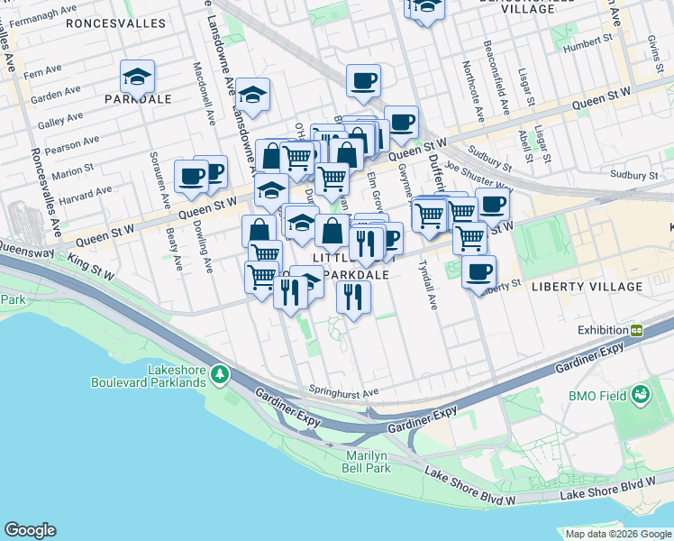 map of restaurants, bars, coffee shops, grocery stores, and more near 1340 King Street West in Toronto