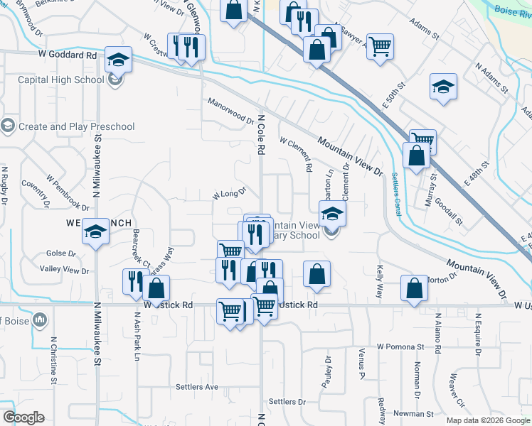 map of restaurants, bars, coffee shops, grocery stores, and more near 3630 North Cole Road in Boise